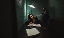 a woman sitting at a table reading next to a man in business suit