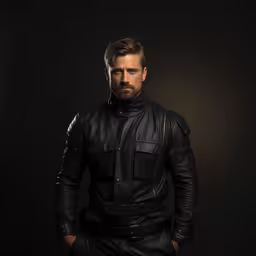 a man wearing a leather jacket and black leather pants,a man with a goatee wearing a black leather jacket