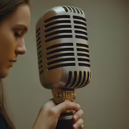 a young woman standing next to a silver and black microphone