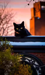 black cat with yellow eyes sitting on the roof of a building