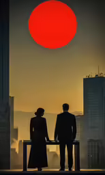 two people standing on a ledge in front of a large object
