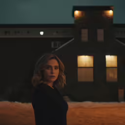 the girl in front of the house at night with two light on