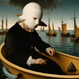 an illustration of a man sitting in a boat with a mask on,a surrealistic painting of a man sitting in a rowboat