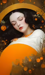 a woman in orange and a painting with circles around her