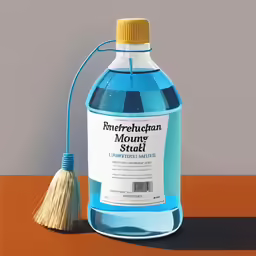 a blue bottle of liquid sitting next to a broom