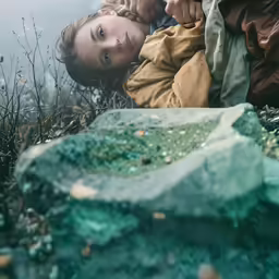 a young girl is laying next to a rocky wall