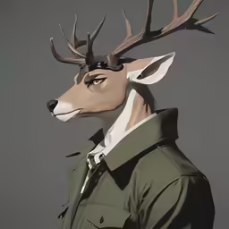 the deer is wearing an odd jacket, jacket jacket and scarf