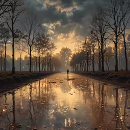 a wet puddle with reflection in it, while the man stands on the other side of the street
