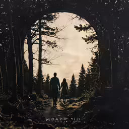 the poster is of two people walking on a trail in a forest