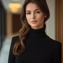 a woman is standing against the wall wearing a turtle neck