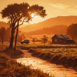 an image of a house on a dirt road,a river running through a field next to a forest
