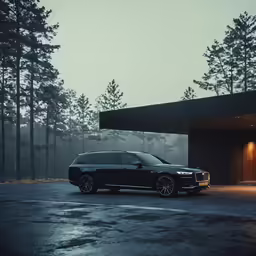 a black car parked next to a building in the forest