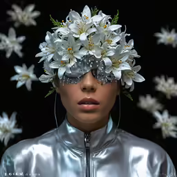 a woman wearing a silver jacket with flowers on her head