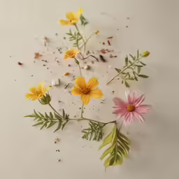 a variety of flowers on white counter top