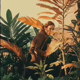 a woman that is walking around in a lush green field