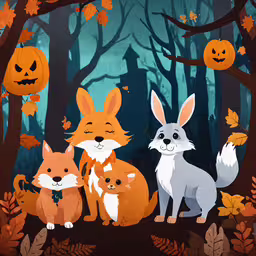 an illustrated image of some cute foxes with pumpkins in the background,some fox and other animals in the forest