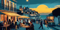 a painting of an urban area at night