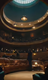 an auditorium with an ceiling and two rows of seats