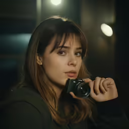 a woman holding a camera over her eye and looking at the camera