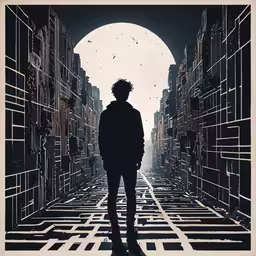 a man standing in front of a cityscape with an eye,the man is looking out into the distance from a hallway in the building