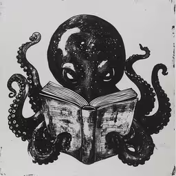an octopus reading a book with tentacles surrounding it,an octopus reading an open book on top of an octopus
