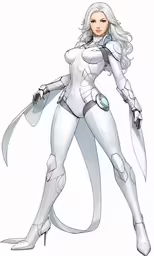 a woman in white suit and a pair of arms, with a hand held out, standing