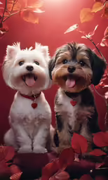 two small dogs sitting in front of a red backdrop