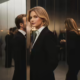 the woman wearing a suit is looking out from behind glass