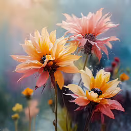 several flowers sitting in the middle of the ground,three flowers with dew on them in the grass
