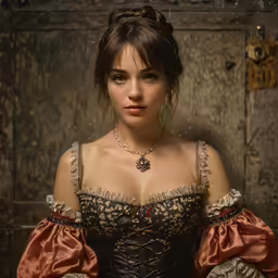 a woman wearing an old fashion dress sitting by an open wooden door