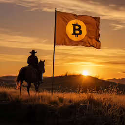 a man on a horse with a bit sign in the back