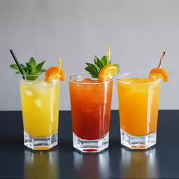 three different types of drinks sitting on top of a table