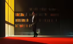 a man in a suit walking toward bookshelves