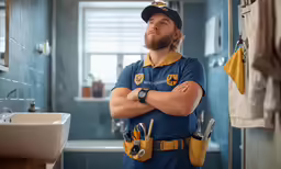the young man is standing in the bathroom with his arms crossed