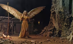 an angel in a dress standing next to a fire
