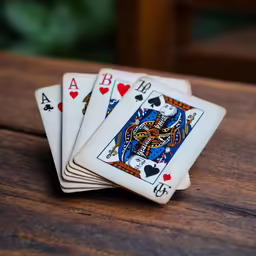 four playing cards sitting on top of a wooden table