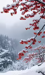 pink flowers in the snow near some trees