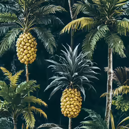 many yellow berries hanging from trees with lush green leaves