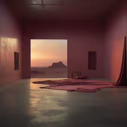 a room with an open door leading to another room,a pink room with a large open window