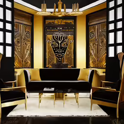 this living room features a gold wall and black couches