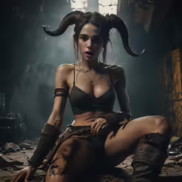 a beautiful woman in an army uniform with horns and whips