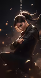 a woman with her hair up and looking down as she sits on the ground