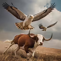 a bird is flying near a cow in the field