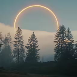 a very large ring of fire surrounded by some trees