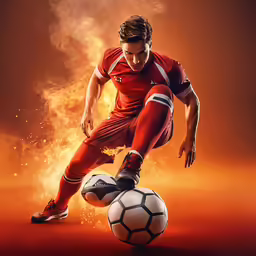 a soccer player kicking a ball in the orange