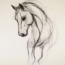 an ink drawing of a horse in black and white