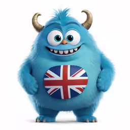 a blue fluffy monster with horns, has a big smile