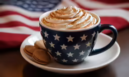 a blue mug with a whipped cream topping
