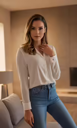 a young woman poses in jeans and a white top