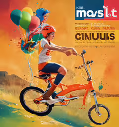 a poster for the museum showing a little boy riding a bicycle,there is a young boy riding a bike with balloons behind him